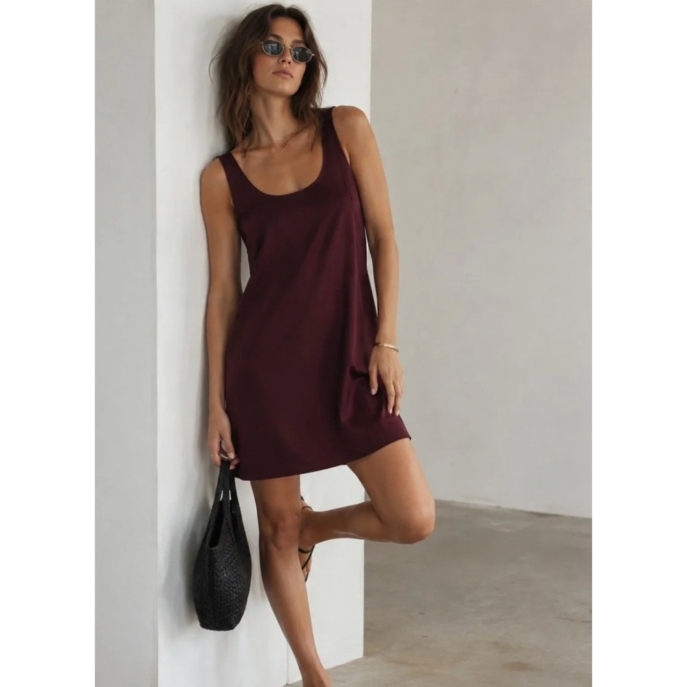 WAYF Plum Purple Scoop Neck Tank Mini Shift Dress L Satin Burgundy Slip Dress